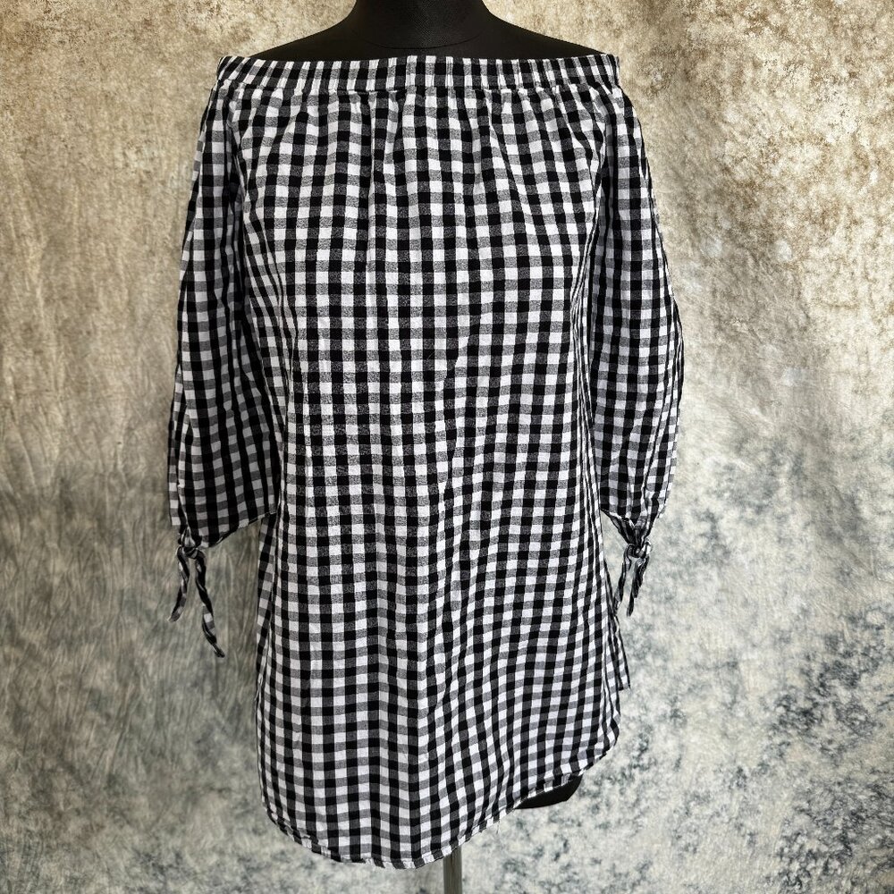Needlework Black and White Gingham Off Shoulder Top - Medium